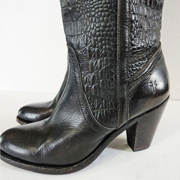 Frye Vintage Crocodile Embossed Leather Stacked Heel Boots in Distressed Black 8 - Picture 6 of 16